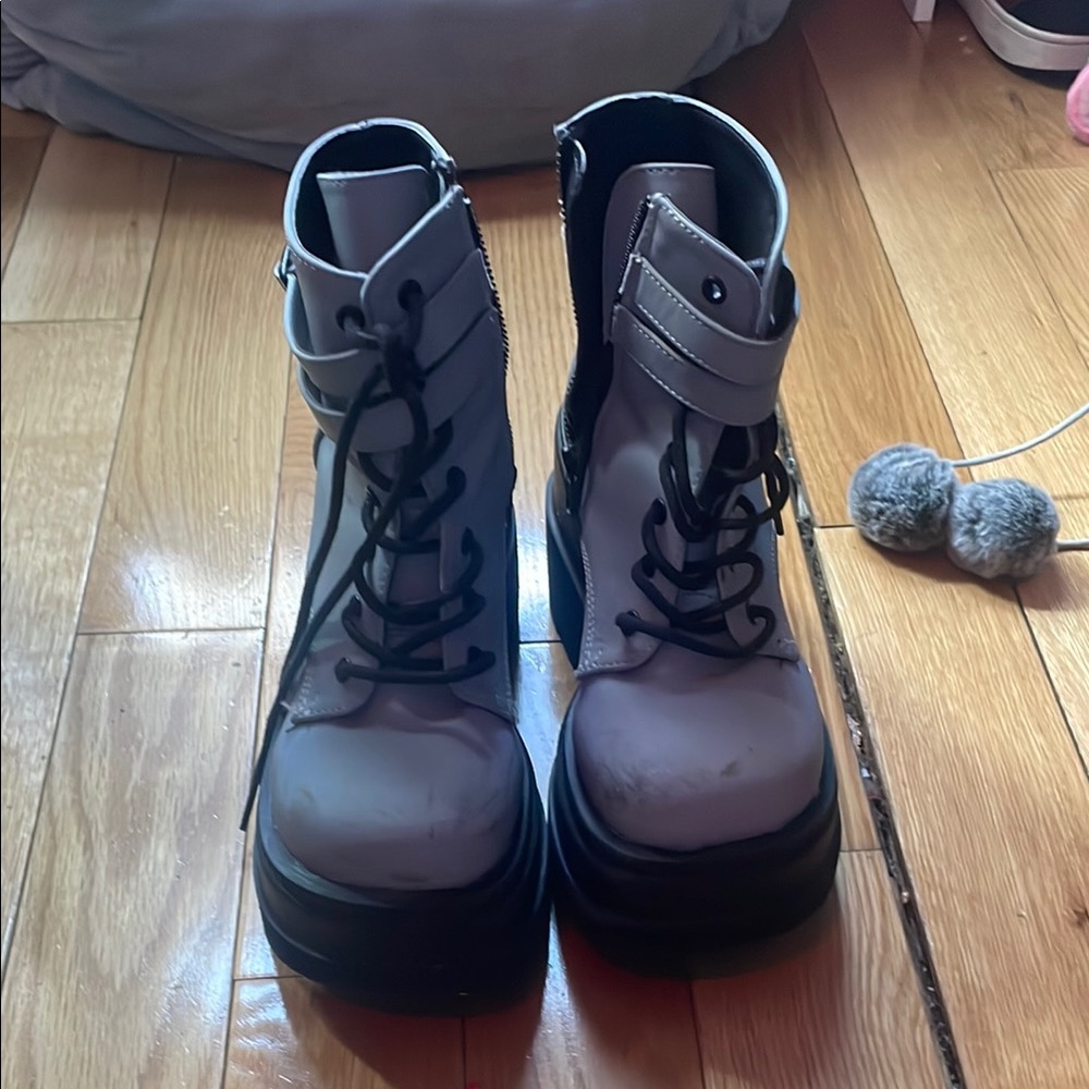 Dolls Kill Gray Black Platform Boots with Ankle Strap